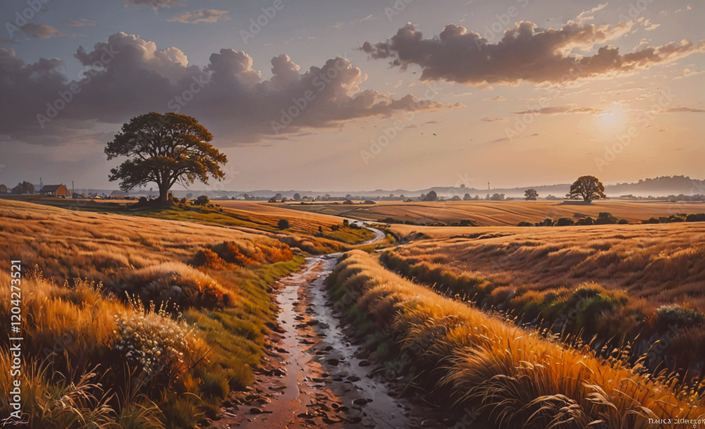 Poster a road runs through a field of tall grass. the sky is cloudy and the sun is setting