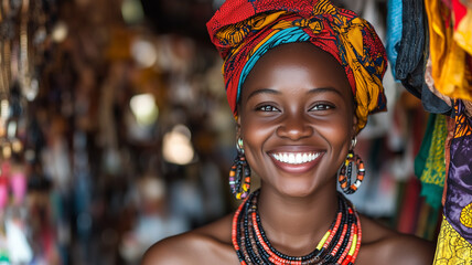 Fototapeta premium A cheerful African woman wearing a colorful headwrap, standing proudly in her boutique filled with handmade jewelry and traditional clothing (1)