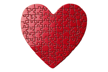 Heart shaped puzzle formed by red pieces in glossy style isolated on white transparent background, symbolizing love, connection, and complexity
