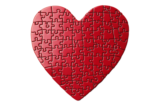 Heart shaped puzzle formed by red pieces in glossy style isolated on white transparent background, symbolizing love, connection, and complexity