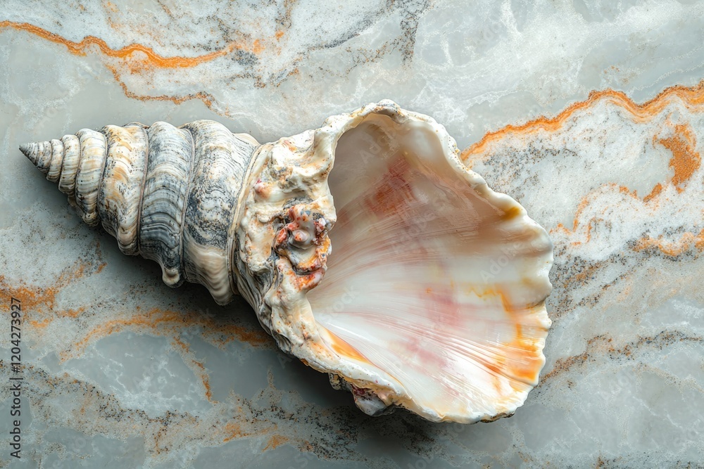 Aufkleber large seashell with spiral pattern, rests on a marble surface.