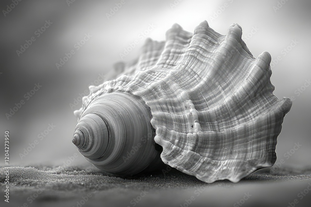 Poster A grayscale close-up captures the intricate details of a seashell resting on sand.