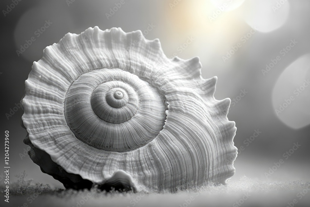 Poster a grayscale close-up of a spiral seashell resting on sand, illuminated by soft light.