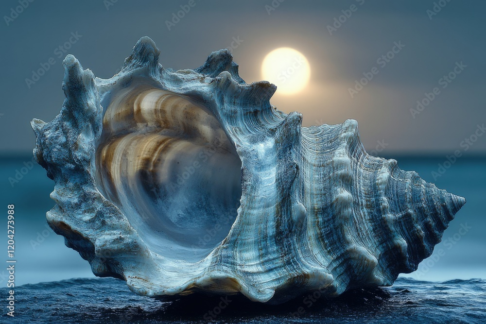 Poster A large seashell rests on a dark rock, backlit by a setting sun, creating a dramatic and serene coastal scene.