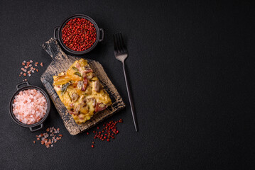 Shepherd's pie with potatoes, meat, vegetables, salt, spices and herbs