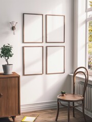 Minimalist interior, white brick wall, four framed prints, wooden chair, potted plant, natural light, wooden sideboard, Scandinavian design, calm atmosphere, clean lines, neutral colors, simple elegan