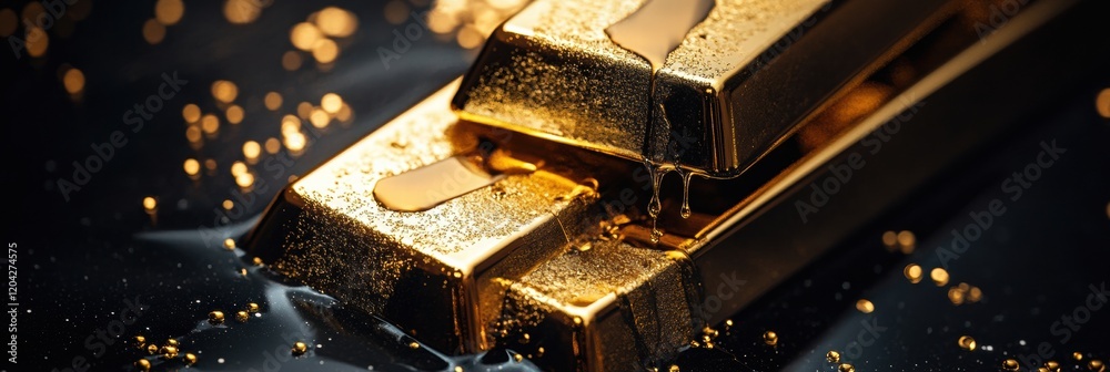 Aufkleber shiny gold bars resting on a black surface with liquid gold dripping down in a bright light setting.