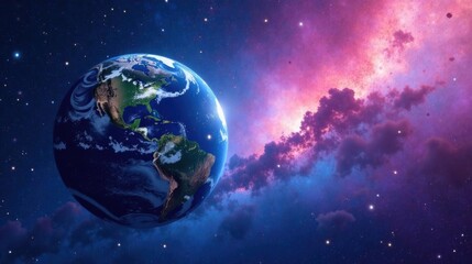 Fototapeta premium A Vibrant Celestial View Earth's Majestic Presence Against a Nebula's Cosmic Hues