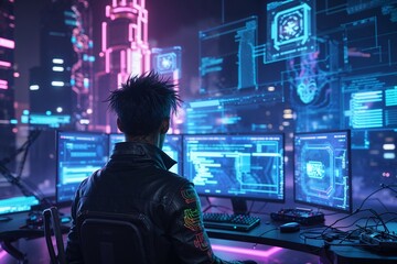 Depict a skilled cyberpunk hacker in a futuristic setting, surrounded by holographic interfaces, intricate code, and virtual reality elements