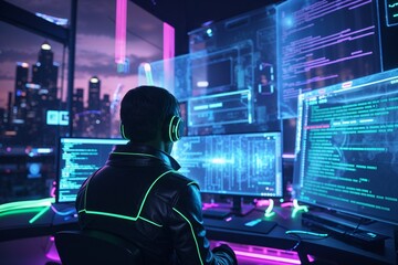 Naklejka premium Depict a skilled cyberpunk hacker in a futuristic setting, surrounded by holographic interfaces, intricate code, and virtual reality elements