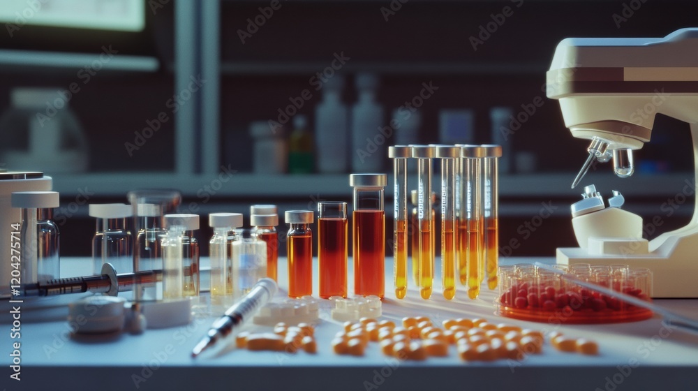 Leinwandbilder laboratory setup with various test tubes and equipment displaying vibrant orange liquid during an ev