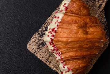 Crispy sweet red croissant with pistachio, raspberry and strawberry