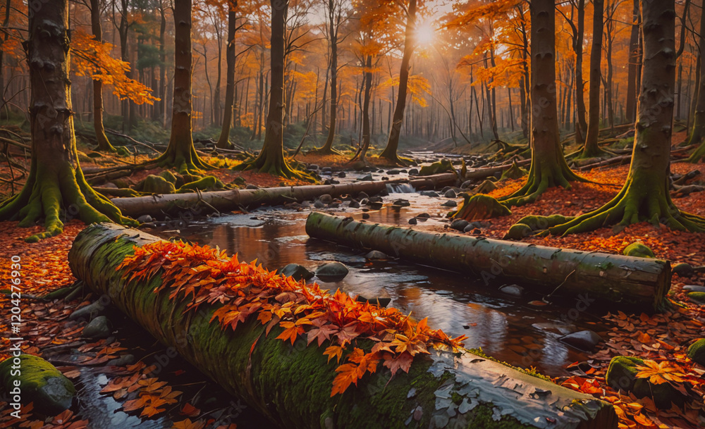 Poster a forest with a stream of water and a sun shining through the trees. the leaves on the trees are ora