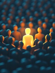 Glowing figure standing out in a crowd. Leadership and thought leader business concept.