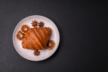 Sweet fresh crispy croissant with chocolate filling