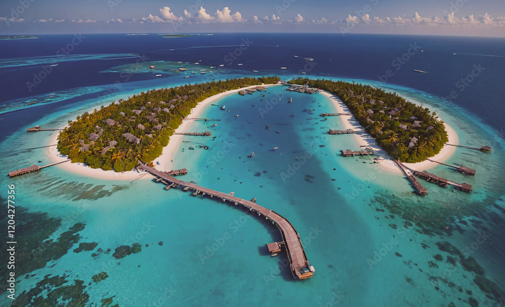 Aufkleber a beautiful island with a pier and a bridge. the island is surrounded by water and has a lot of palm