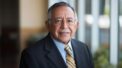 Naklejka premium A professionally captured headshot of a distinguished Hispanic senior businessman, wearing a sharp suit and tie, exuding confidence and warmth in an elegant corporate office setting (5)