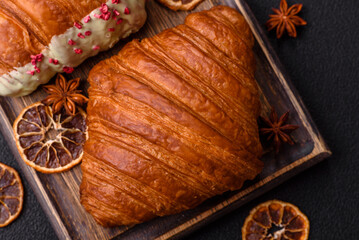 Sweet fresh crispy croissant with chocolate filling