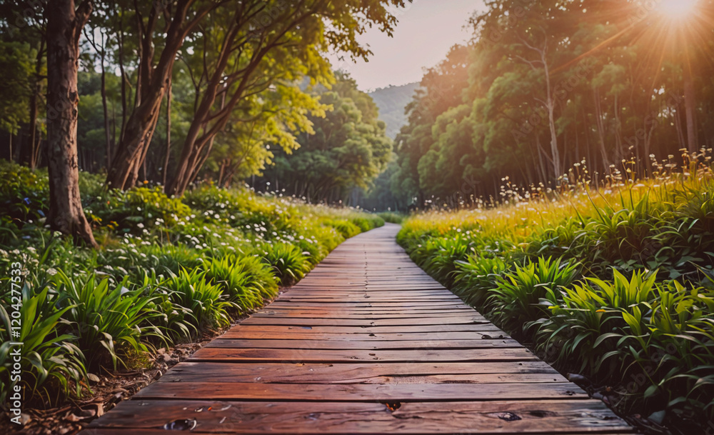 Poster a path through a forest with a wooden bridge. the path is lined with green plants and flowers