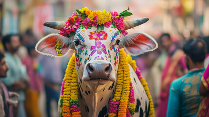 Obraz premium A sacred cow decorated with vibrant floral garlands and intricate face paint standing gracefully in the middle of a bustling Indian street during the Makar Sankranti festival, surrounded by