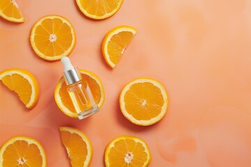 Vibrant orange slices, Glass dropper with essential oil, Coral pink background, Flat lay photography, Fresh citrus fruit, Aromatherapy concept, Vitamin C skincare, Bright and cheerful composition, Min
