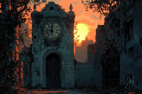 A crumbling clock tower stands silhouetted against a fiery sunset in a ruined city, evoking a sense of forgotten time and decay.