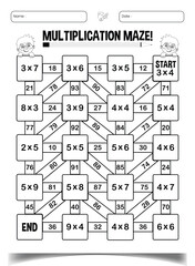 Multiplication maze puzzle worksheet for children