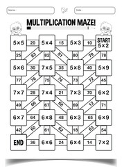 Multiplication maze puzzle worksheet for children