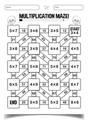 Multiplication maze puzzle worksheet for children