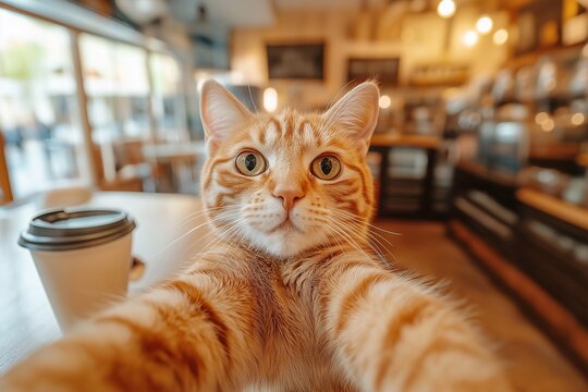 cat takes a selfie in cafe, city,coffee shop
