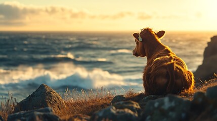 A cow sitting on a rocky coastline, looking towards the ocean with waves crashing in the distance, bathed in golden hour light.