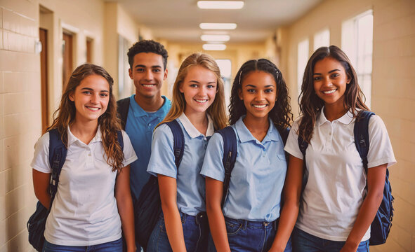 A group of young people are smiling and posing for a picture in a hallway. They are wearing school uniforms and backpacks