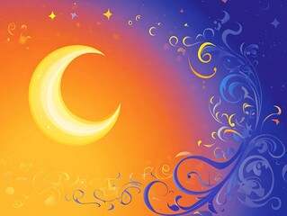 Crescent Moon Night Sky Swirling Floral Design