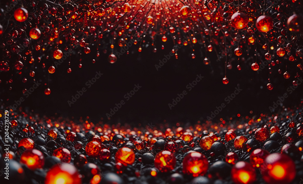 Poster a black background with a red and black swirl of glowing orbs. the orbs are small and black, and the