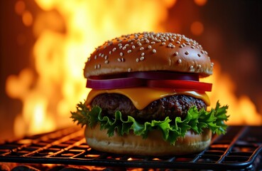 Grilled cheeseburger cooked on barbecue grill with flames in background. Delicious homemade burger with fresh vegetables like lettuce, tomatoes, melted cheese on bun. Tasty fast food. Perfect for
