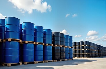 Blue, black metal barrels stacked on wooden pallets. Industrial storage of chemical products. Manufacture, distribution of chemicals. Large scale storage. Outdoor industrial area. Sunny day with blue