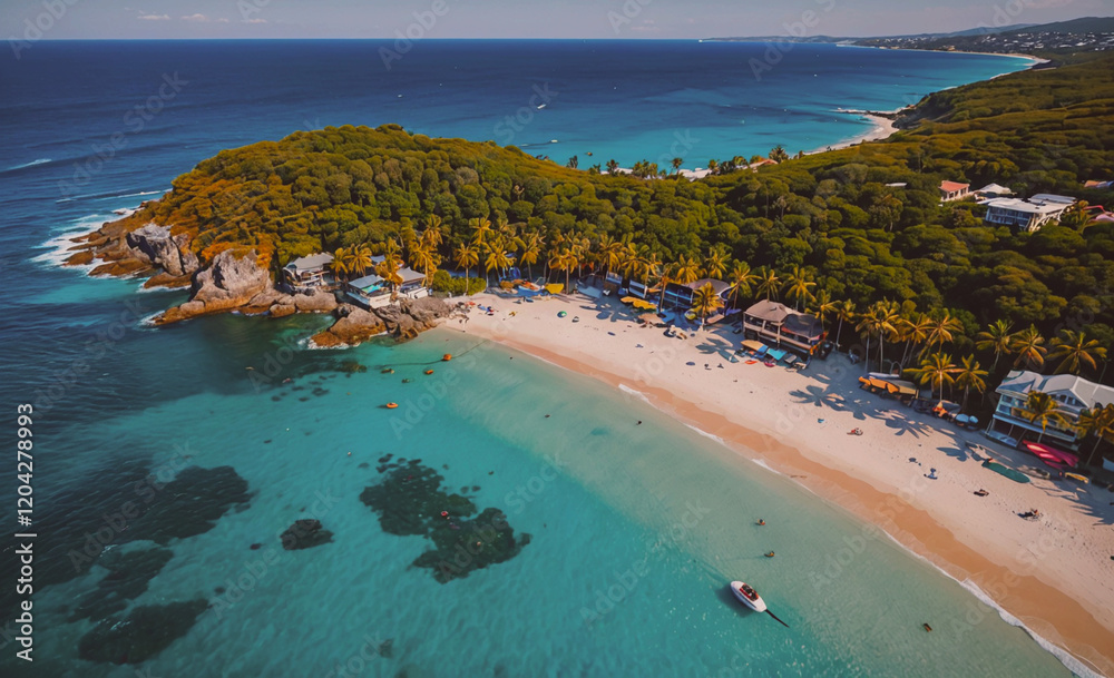 Aufkleber a beautiful beach with a clear blue ocean and palm trees. the beach is crowded with people enjoying 