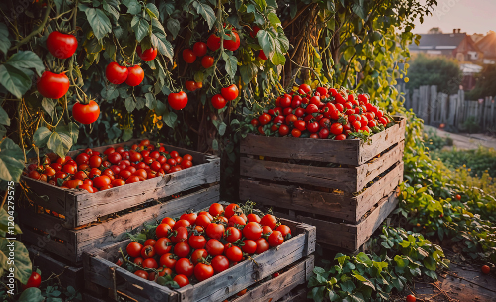 Aufkleber Three wooden crates filled with ripe red tomatoes. The crates are placed in a garden setting, with the tomatoes hanging from the vines. Concept of abundance and freshness, as the ripe tomatoes are
