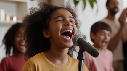 A young girl singing into a microphone with her mouth wide open. She is surrounded by other children who are also singing