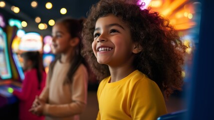 Fototapeta premium A young girl with curly hair is smiling at the camera in a yellow shirt. She is surrounded by other children, and they are all playing a game together. Scene is happy and playful