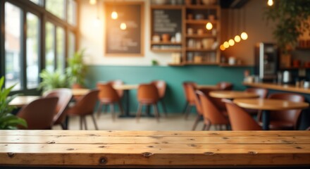 Empty wooden tabletop in front of blurred cafe interior. Rustic style vintage coffee shop setting. Warm lighting creates cozy ambiance. Suitable for displaying various products. Modern design with