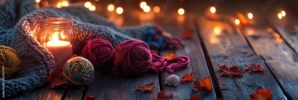 Aufkleber warm evening with candlelight and colorful yarn surrounded by autumn leaves in a cozy setting. gener