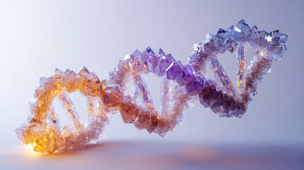 DNA double helix made entirely of crystals and gemstones, shimmering in soft light