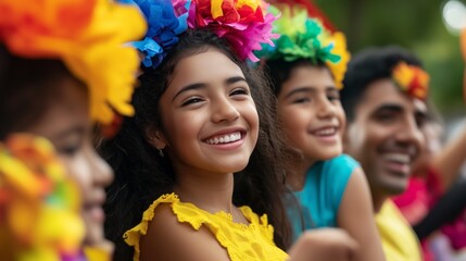A group of people are smiling and wearing colorful headdresses. Scene is happy and festive