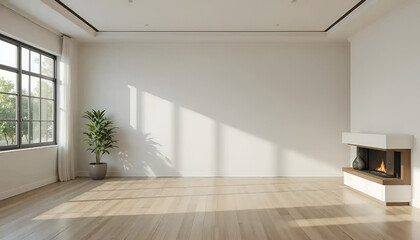 A spacious,   with an empty living room and a blank wall for mock-up 