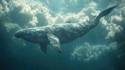 Fototapeta premium Majestic Whale Swimming Through Sky with Clouds and Light Rays