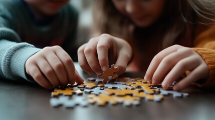 Fototapeta premium Two children are playing with a jigsaw puzzle. One of them is holding a piece of the puzzle