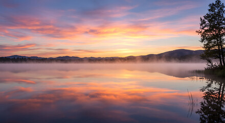 Naklejka premium Serene sunrise over misty lake with reflective water and colorful sky