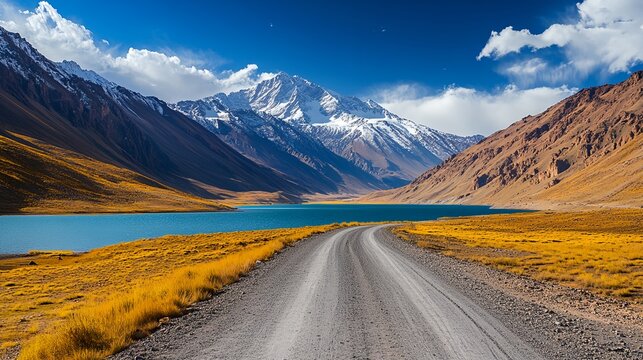 A road winds through a desert with a large body of water in the background