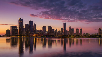 Fototapeta premium Cityscape at Dawn: A captivating cityscape silhouette against a breathtaking sunrise, where golden light illuminates the city's skyline, reflected in the calm waters of a shimmering lake.